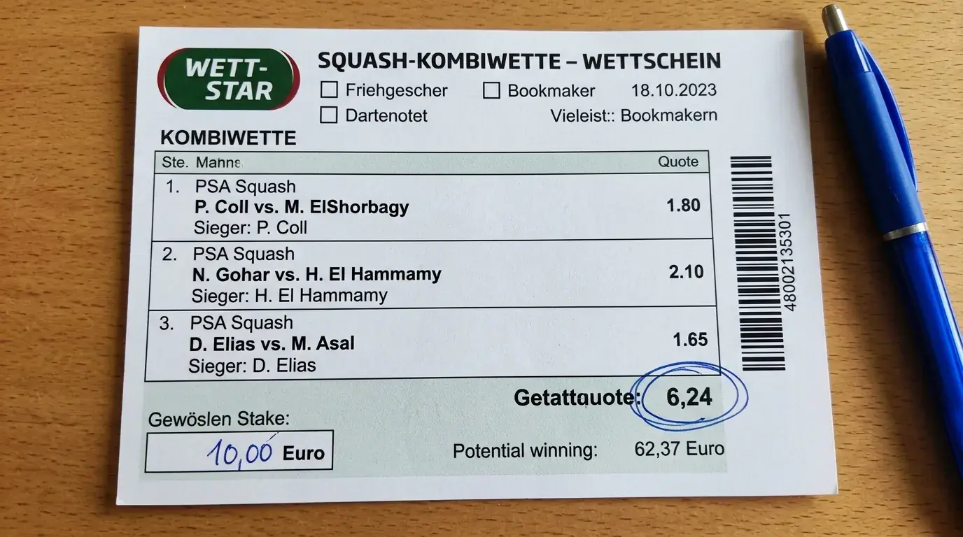 Squash Kombiwette Wettschein mit drei PSA-Match-Tipps und berechneter Gesamtquote